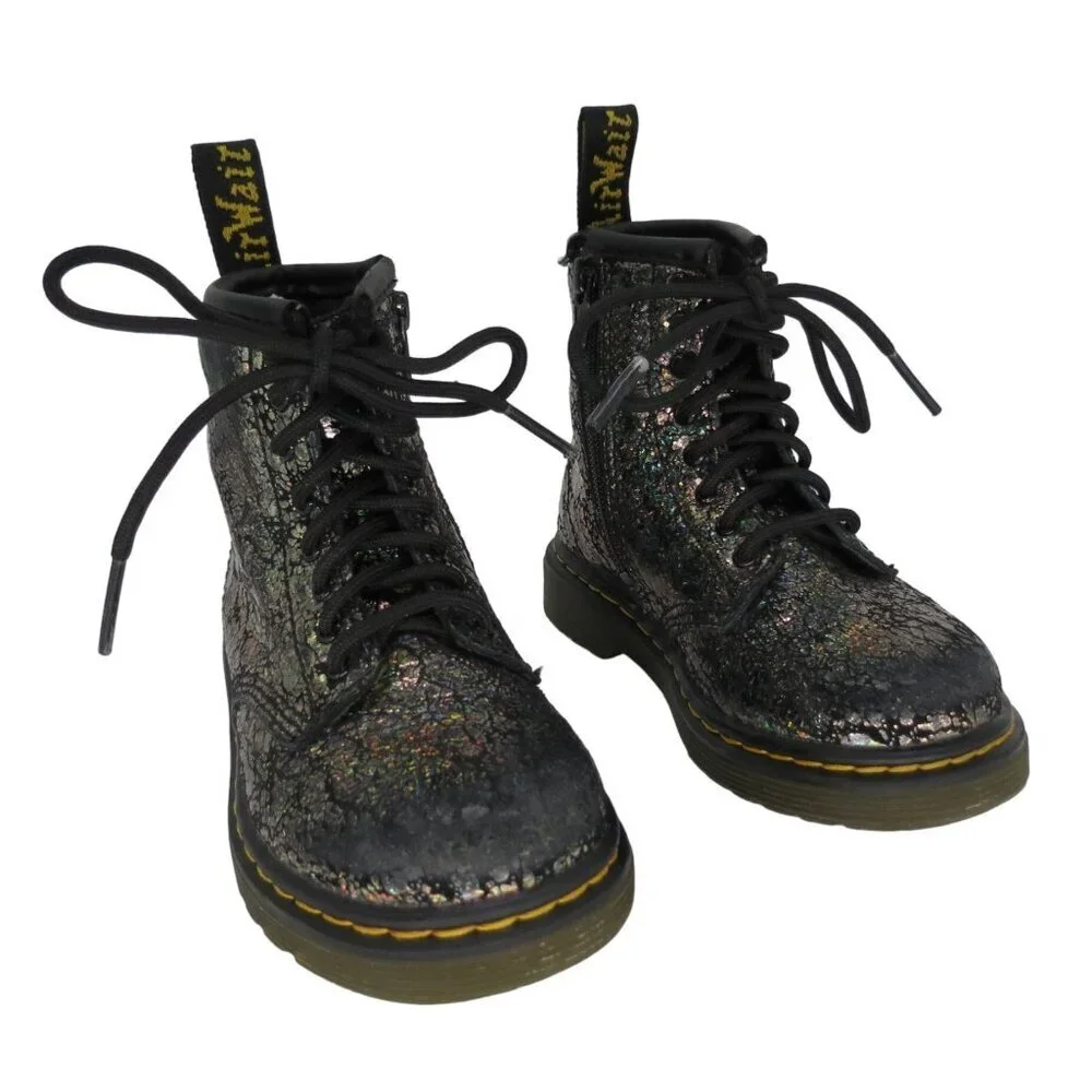 DR MARTENS Toddler Black Disco Crinkle 1460T Lace-Up Combat Boots Kid's Size 7